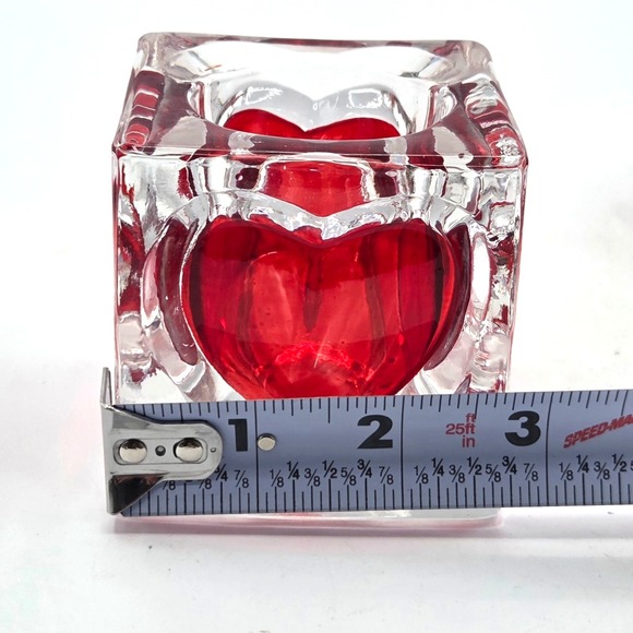 Vintage Art Glass Red Heart Votive Candle Holder 3" Square Valentines Day - Picture 3 of 3